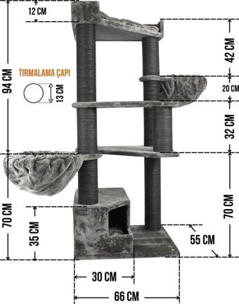 Lotus Furniture Pet Series Shangaı Kule Tipi Hamaklı Tırmalamalı 5 Katlı İç Mekan Mdf-Peluş Kedi Evi Bal-Gri-Kahve