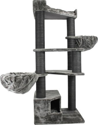 Lotus Furniture Pet Series Shangaı Kule Tipi Hamaklı Tırmalamalı 5 Katlı İç Mekan Mdf-Peluş Kedi Evi Bal-Gri-Kahve