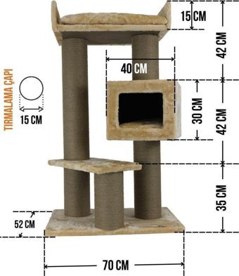 Lotus Furniture Pet Series Toulouse Kule Tipi Tırmalamalı 3 Katlı İç Mekan Mdf-Peluş Kedi Evi Bal-Gri-Kahve