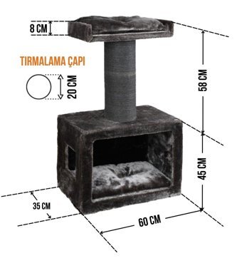 Lotus Furniture Pet Series Palma Dikdörgen-Kule Tırmalamalı 2 Katlı İç Mekan Mdf-Peluş Kedi Evi Bal-Gri-Kahve