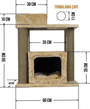 Lotus Furniture Pet Series Vilnius Kule Tipi Tırmalamalı 2 Katlı İç Mekan Mdf-Peluş Kedi Evi Bal-Beyaz -Gri