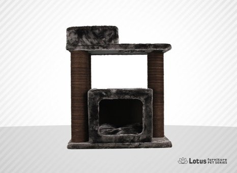 Lotus Furniture Pet Series Vilnius Dikdörtgen Tırmalamalı 2 Katlı İç Mekan Mdf-Peluş Kedi Evi Bal-Kahve-Gri-Krem