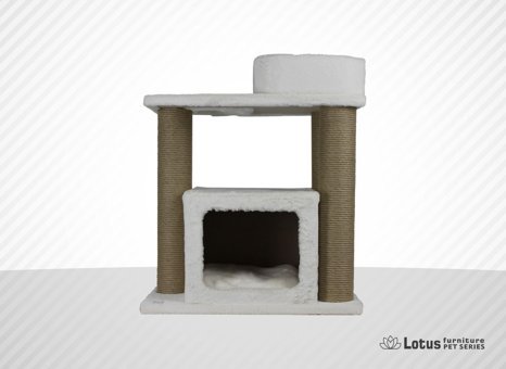 Lotus Furniture Pet Series Vilnius Dikdörtgen Tırmalamalı 2 Katlı İç Mekan Mdf-Peluş Kedi Evi Bal-Kahve-Gri-Krem