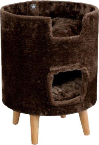 Lotus Furniture Pet Series Oslo Silindir-Yuvarlak 2 Katlı İç Mekan Mdf-Peluş Kedi Evi Bal-Gri-Kahve