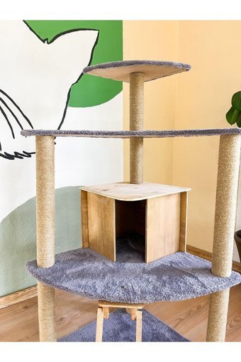 Turmalin Kule Tipi Üçgen Tırmalamalı 3 Katlı İç Mekan Mdf-Peluş Kedi Evi Gri-Kahverengi