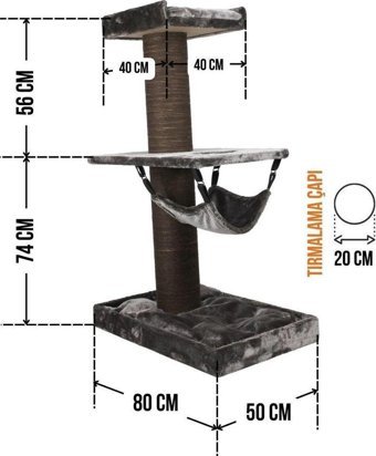 Lotus Furniture Pet Series Basel Kule Tipi Hamaklı Tırmalamalı 3 Katlı İç Mekan Mdf-Peluş Kedi Evi Gri-Kahve