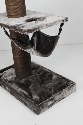 Lotus Furniture Pet Series Basel Kule Tipi Hamaklı Tırmalamalı 3 Katlı İç Mekan Mdf-Peluş Kedi Evi Gri-Kahve