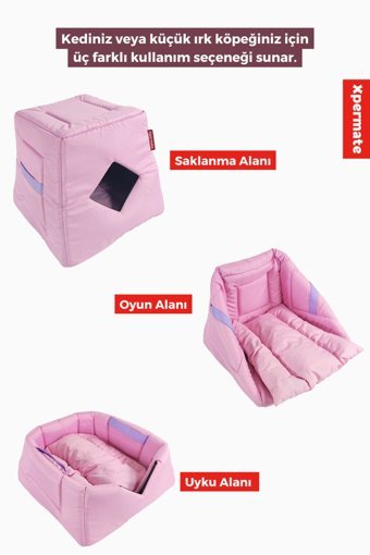 Xpermate Mağara Kare Tek Katlı Su Geçirmez İç Mekan Naylon-Polyester Kedi Evi Pembe