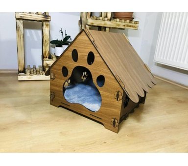 Palm Decor Kulübe Kare Tek Katlı İç Mekan Mdf Kedi Evi Doğal Ahşap