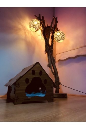 Palm Decor Kulübe Kare Tek Katlı İç Mekan Mdf Kedi Evi Doğal Ahşap