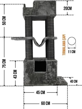 Lotus Furniture Pet Series Cape Town Kule Tipi Hamaklı Tırmalamalı 3 Katlı İç Mekan Mdf-Peluş Kedi Evi Antrasit-Kahverengi