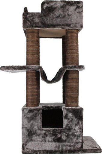 Lotus Furniture Pet Series Cape Town Kule Tipi Hamaklı Tırmalamalı 3 Katlı İç Mekan Mdf-Peluş Kedi Evi Antrasit-Kahverengi