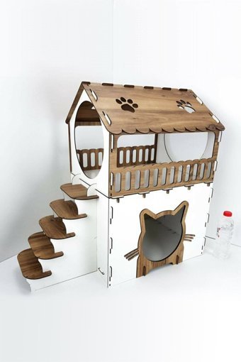 Hobicim Dikdörtgen 2 Katlı İç Mekan Mdf Kedi Evi Beyaz-Kahve-Sarı-Siyah