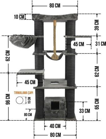 Lotus Furniture Pet Series Madrid Kule Tipi Hamaklı Tırmalamalı 6 Katlı İç Mekan Mdf-Peluş Kedi Evi Gri-Kahve