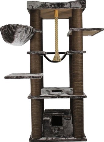 Lotus Furniture Pet Series Madrid Kule Tipi Hamaklı Tırmalamalı 6 Katlı İç Mekan Mdf-Peluş Kedi Evi Gri-Kahve