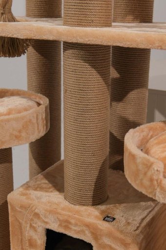 Lotus Furniture Pet Series Los Angeles Kule Tipi Hamaklı Tırmalamalı 6 Katlı İç Mekan Mdf-Peluş Kedi Evi Bal Rengi