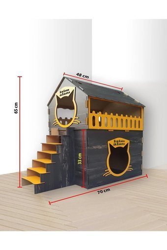 Hobicim Teraslı Dikdörtgen 2 Katlı İç Mekan Boyalı Mdf Kedi Evi Antrasit-Sarı