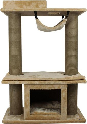 Lotus Furniture Pet Series Montpellier Kule Tipi Hamaklı Tırmalamalı 4 Katlı İç Mekan Mdf-Peluş Kedi Evi Bal-Gri-Kahve