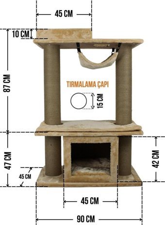 Lotus Furniture Pet Series Montpellier Kule Tipi Hamaklı Tırmalamalı 4 Katlı İç Mekan Mdf-Peluş Kedi Evi Bal-Gri-Kahve