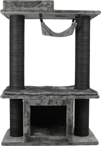 Lotus Furniture Pet Series Montpellier Kule Tipi Hamaklı Tırmalamalı 4 Katlı İç Mekan Mdf-Peluş Kedi Evi Bal-Gri-Kahve