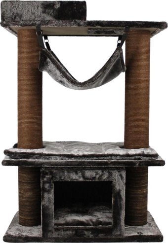 Lotus Furniture Pet Series Montpellier Kule Tipi Hamaklı Tırmalamalı 4 Katlı İç Mekan Mdf-Peluş Kedi Evi Bal-Gri-Kahve