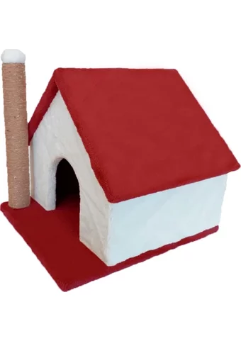 Sdypet Kulübe Kare Tırmalamalı Tek Katlı İç Mekan Mdf-Peluş Kedi Evi Bej-Kırmızı