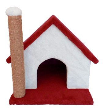 Sdypet Kulübe Kare Tırmalamalı Tek Katlı İç Mekan Mdf-Peluş Kedi Evi Bej-Kırmızı