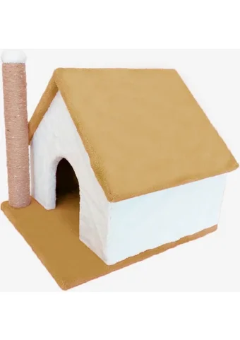 Sdypet Kulübe Kare Tırmalamalı Tek Katlı İç Mekan Mdf-Peluş Kedi Evi Bej-Kırmızı