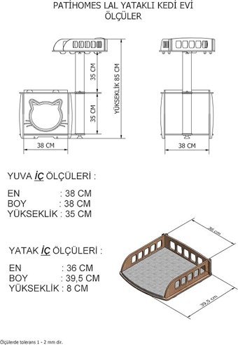 Patihomes Modern-XL Lâl Kare Tırmalamalı 2 Katlı İç Mekan Ahşap Kedi Evi Gri
