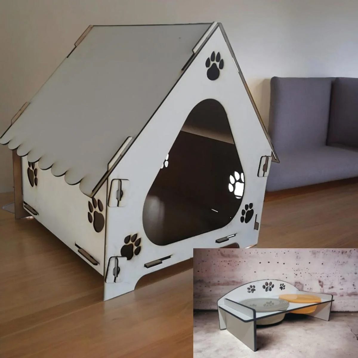 Hbnc Kulübe Kare Tek Katlı İç Mekan Mdf Kedi Evi Beyaz-Gri