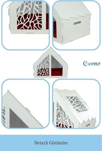Evene Çatı Çizgili-Mağara Dikdörtgen Tek Katlı İç-Dış Mekan Cilalı Mdf Kedi Evi Beyaz