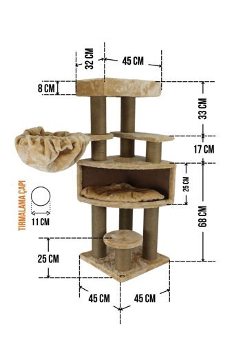 Lotus Furniture Pet Series Prag Kule Tipi Hamaklı Tırmalamalı 4 Katlı İç Mekan Mdf-Peluş Kedi Evi Bal-Gri-Kahve