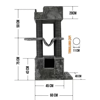 Lotus Furniture Pet Series Cape Town Dikdörgen-Kule Hamaklı Tırmalamalı 3 Katlı İç Mekan Mdf-Peluş Kedi Evi Gri-Kahve