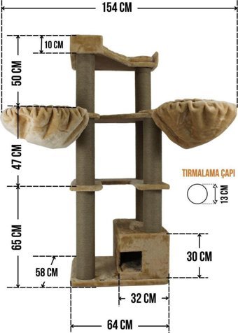 Lotus Furniture Pet Series Lüksembourg Kule Tipi Hamaklı Tırmalamalı 4 Katlı İç Mekan Mdf-Peluş Kedi Evi Kahverengi