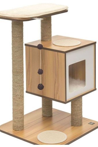Proscreen Kule Kare Tırmalamalı 3 Katlı İç Mekan Ahşap Masif Kedi Evi Doğal Ahşap