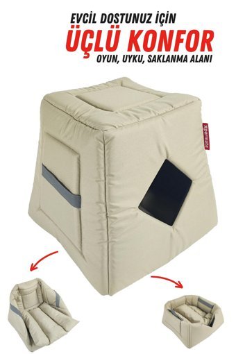 Xpermate Mağara Dikdörtgen Tek Katlı Su Geçirmez İç Mekan Polyester Kumaş Kedi Evi Bej