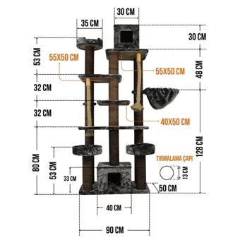 Lotus Furniture Pet Series Los Angeles Dikdörgen-Kule Hamaklı Tırmalamalı 6 Katlı İç Mekan Mdf-Peluş Kedi Evi Bal-Kahve
