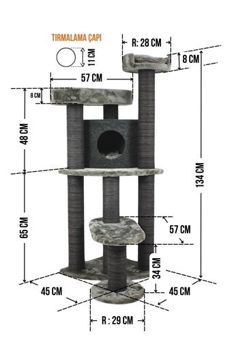 Lotus Furniture Pet Series Roma Kule Tipi Tırmalamalı 5 Katlı İç Mekan Mdf-Peluş Kedi Evi Bal-Gri-Kahve