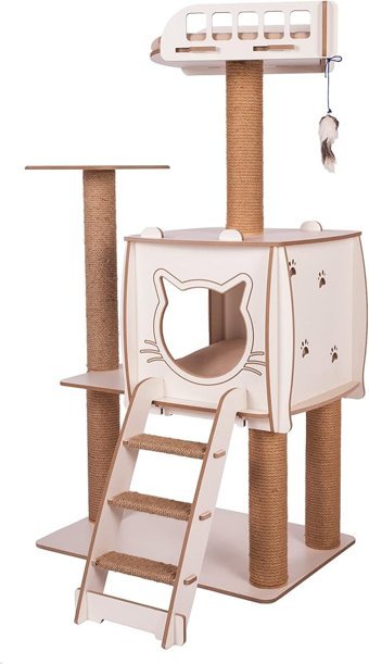 Patihomes Modern Kule Tipi Tırmalamalı 4 Katlı İç Mekan Mdf Lam Kedi Evi Ahşap-Beyaz