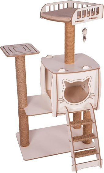 Patihomes Modern Kule Tipi Tırmalamalı 4 Katlı İç Mekan Mdf Lam Kedi Evi Ahşap-Beyaz