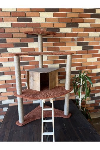 Turmalin Kule Kule Tipi Tırmalamalı 4 Katlı İç Mekan Ahşap-Welsoft kumaş Kedi Evi Gri-Kahve