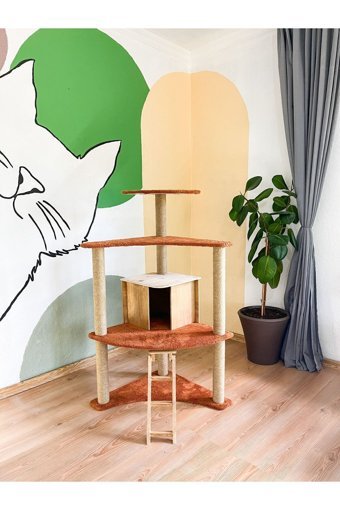 Turmalin Kule Kule Tipi Tırmalamalı 4 Katlı İç Mekan Ahşap-Welsoft kumaş Kedi Evi Gri-Kahve