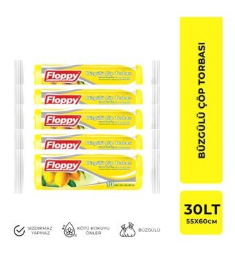 Floppy Limon Kokulu Büzgülü Orta Boy 55x60 cm Çöp Poşeti 5x10 Adet Sarı