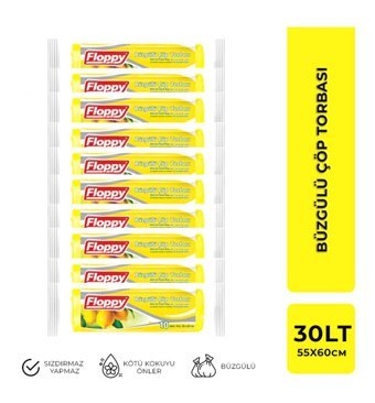 Floppy Limon Kokulu Büzgülü Orta Boy 55x60 cm Çöp Poşeti 10x10 Adet Sarı