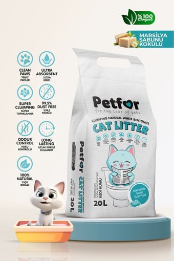Petfor Marsilya Sabunu Kokulu Topaklanan İnce Taneli Kedi Kumu 20 lt