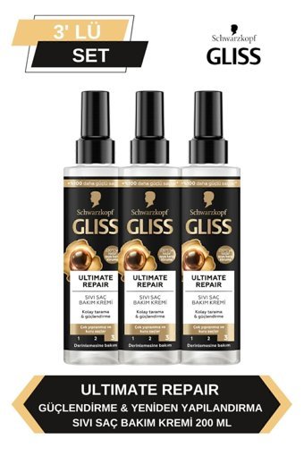 Gliss Ultimate Repair Siyah İnci Özü Güçlendirici - Onarıcı Keratinli Kuru - Yıpranmış Saçlar İçin Durulanmayan Kadın Saç Kremi 3 x 200 ml