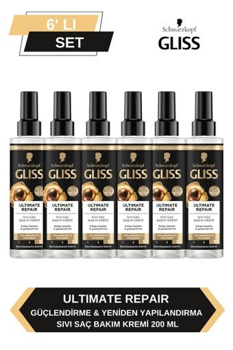Gliss Ultimate Repair Siyah İnci Özü Güçlendirici Keratinli Boyalı Kuru - Yıpranmış Saçlar İçin Durulanmayan Kadın Saç Kremi 6 x 200 ml