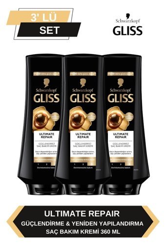 Gliss Ultimate Repair Siyah İnci Özü Güçlendirici - Onarıcı Keratinli Boyalı Kuru - Yıpranmış Saçlar İçin Unisex Saç Kremi 3 x 360 ml