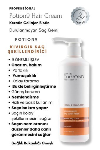 White Diamond Potion 9 Biotin - Kolajen Onarıcı - Şekillendirici Keratinli Dalgalı - Kıvırcık Saçlar İçin Durulanmayan Kadın Saç Kremi 500 ml
