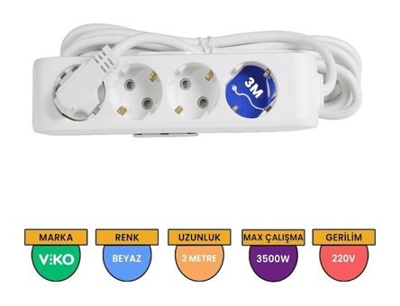 Viko Multi-Let 90113403 4'lü Soket 3 metre USB Kablolu Çiftli Akım Korumalı Priz